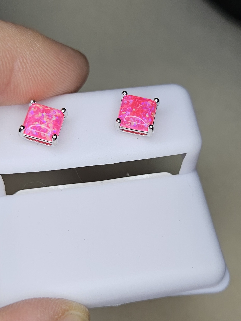 Pink Square Opal Stud Earrings 925 Sterling Silver - Women's Jewelry